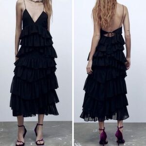 Zara Black Tiered Ruffle Midi Dress Size Large Spaghetti Strap V-Neck Party